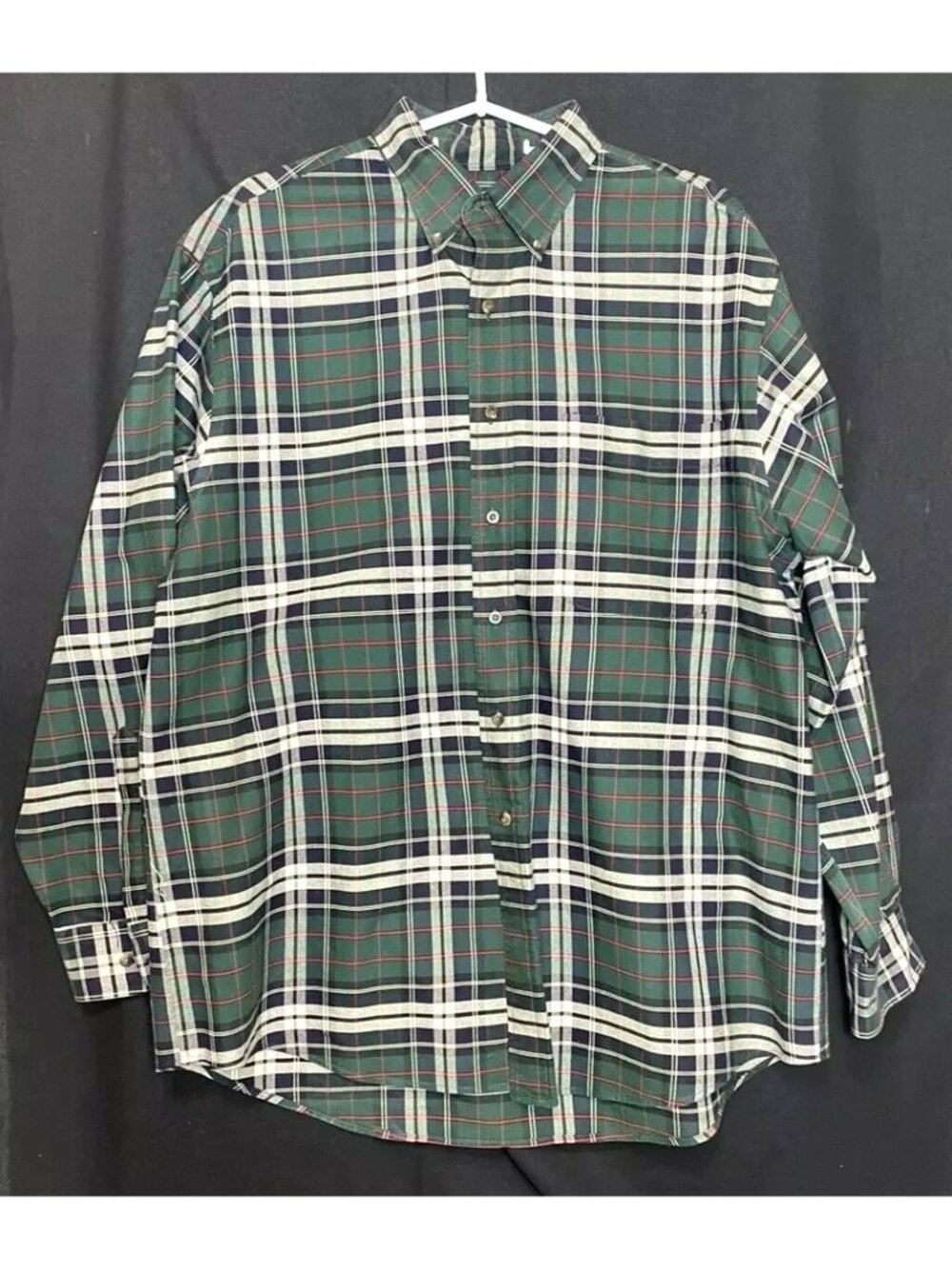 Lands' End Men's Plaid Button-Up Shirt Green, Navy & Red Size L